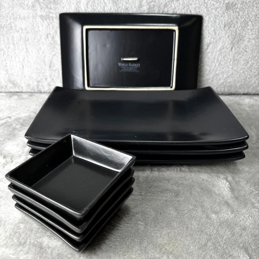 World Market Sushi Matte Black Ceramic Rectangular Plates Set 4 Dipping Bowls